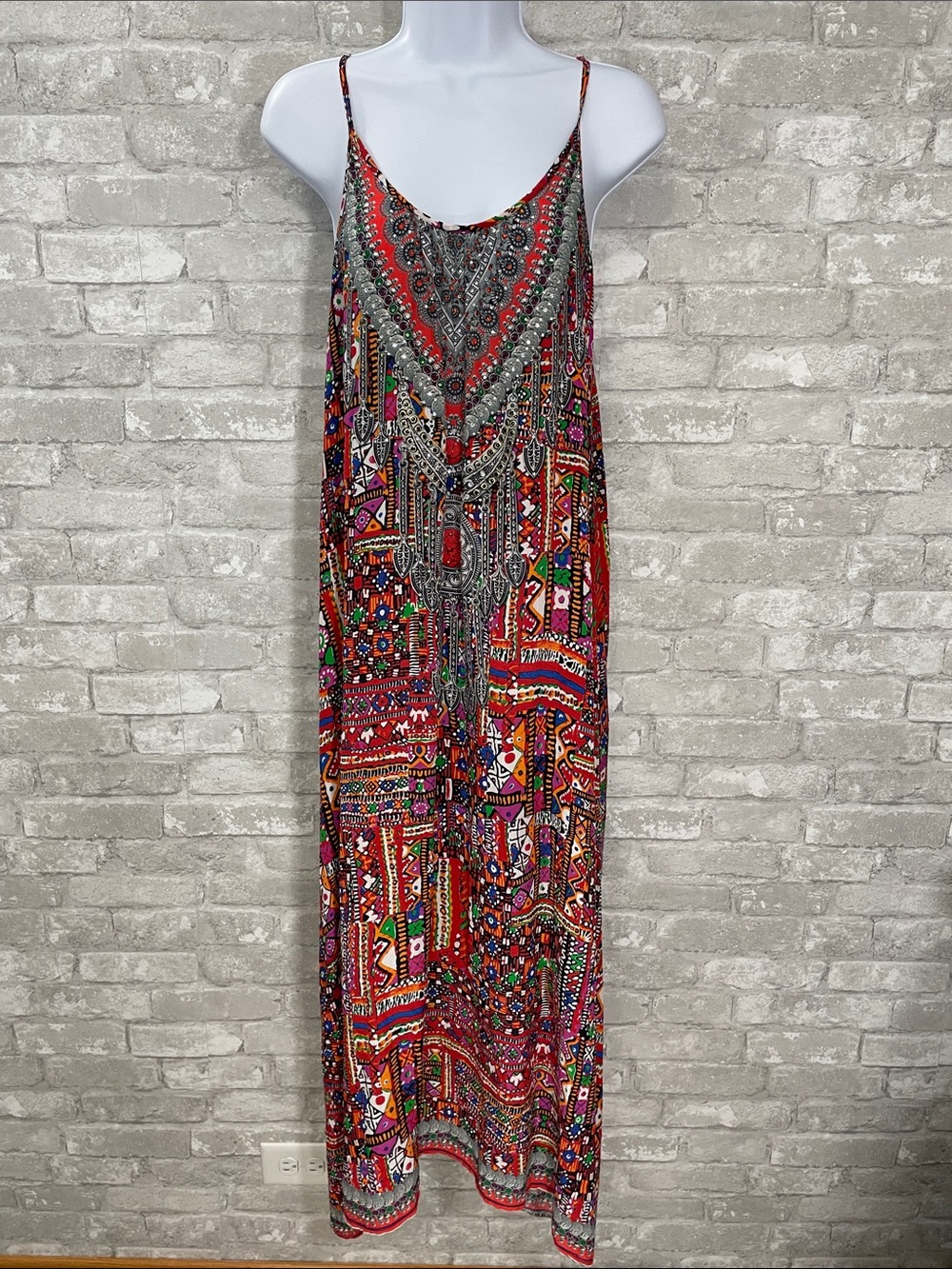 INOA Red Mixed-Print Silk Spaghetti-Strap Maxi Dress